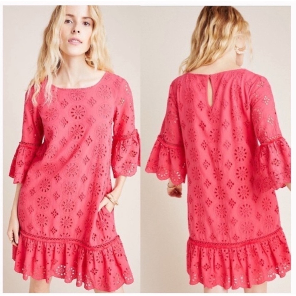 ANTHROPOLOGIE Cottagecore Dani Pink Eyelet Shift Dress Size 14